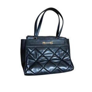 Black Quilted Tote Handbag Gold Accent Top Zip Closure